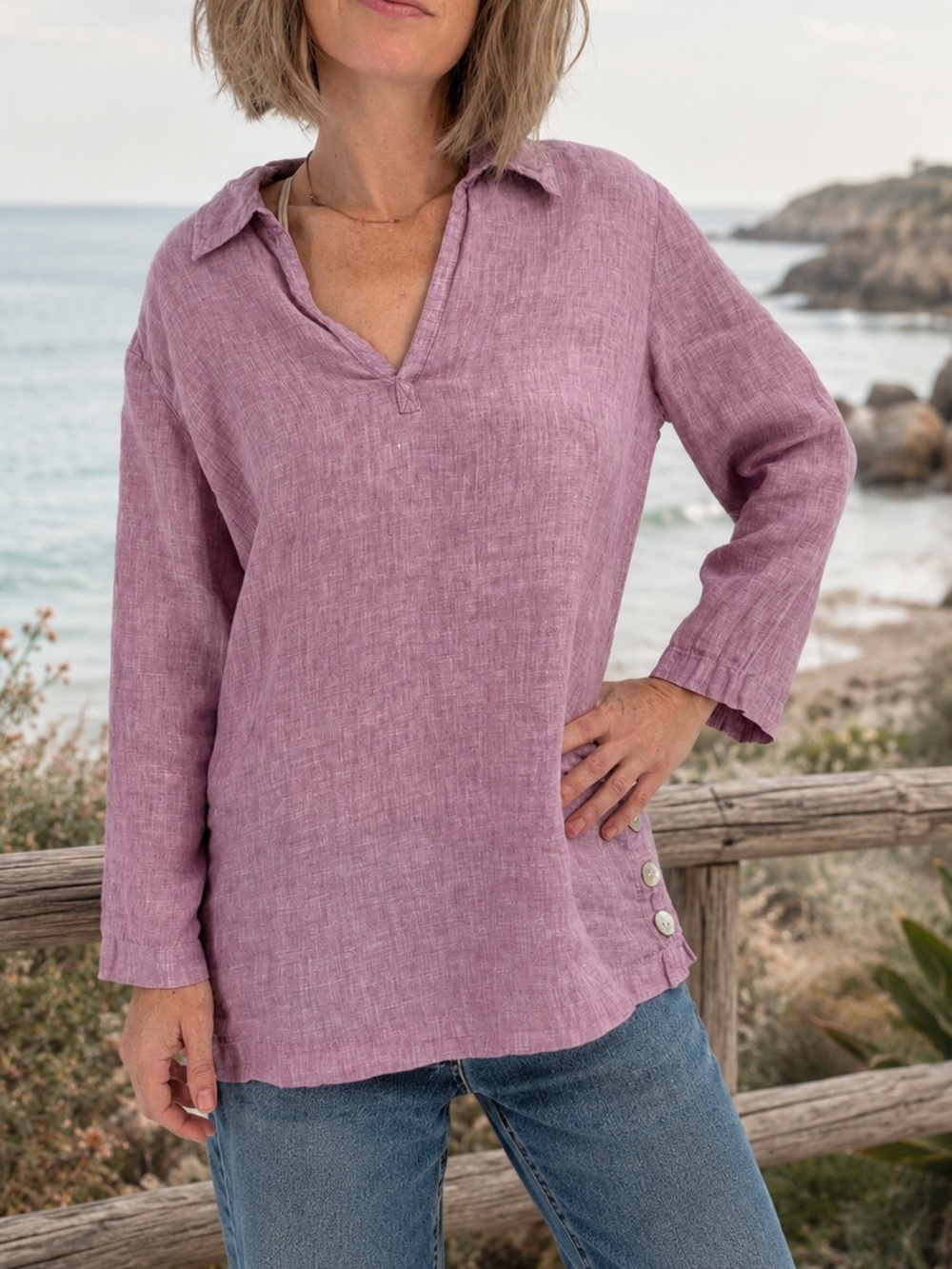 St. Tropez West 100% Linen Top Womens S Lilac Lagen Coastal Beachy Resortwear